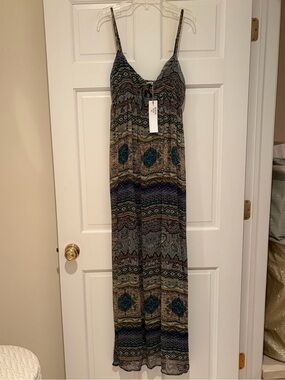 NWT MINKPINK Multi-Color Boho Maxi Dress with Teal & Brown Print
